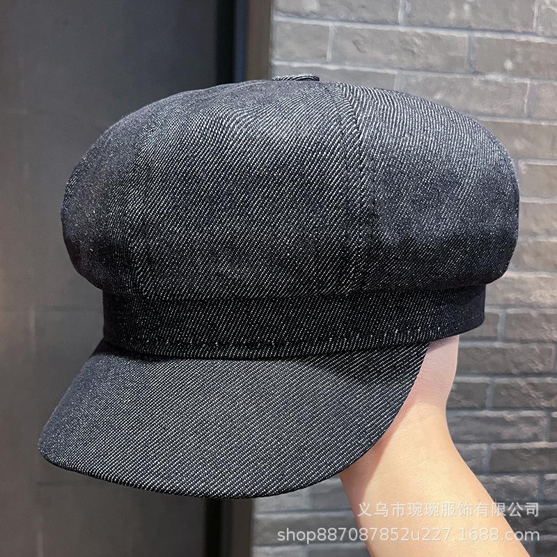 Spring and Autumn New Denim Octagonal Hat Men's and Women's Outdoor Solid Color Versatile Retro Painter Hat Show Face Small Equestrian Hat