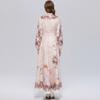 Women's Vintage Floral Print Long Maxi Dress Spring Stand Collar Long-Sleeve Single-breasted Fitted A-Line Dress