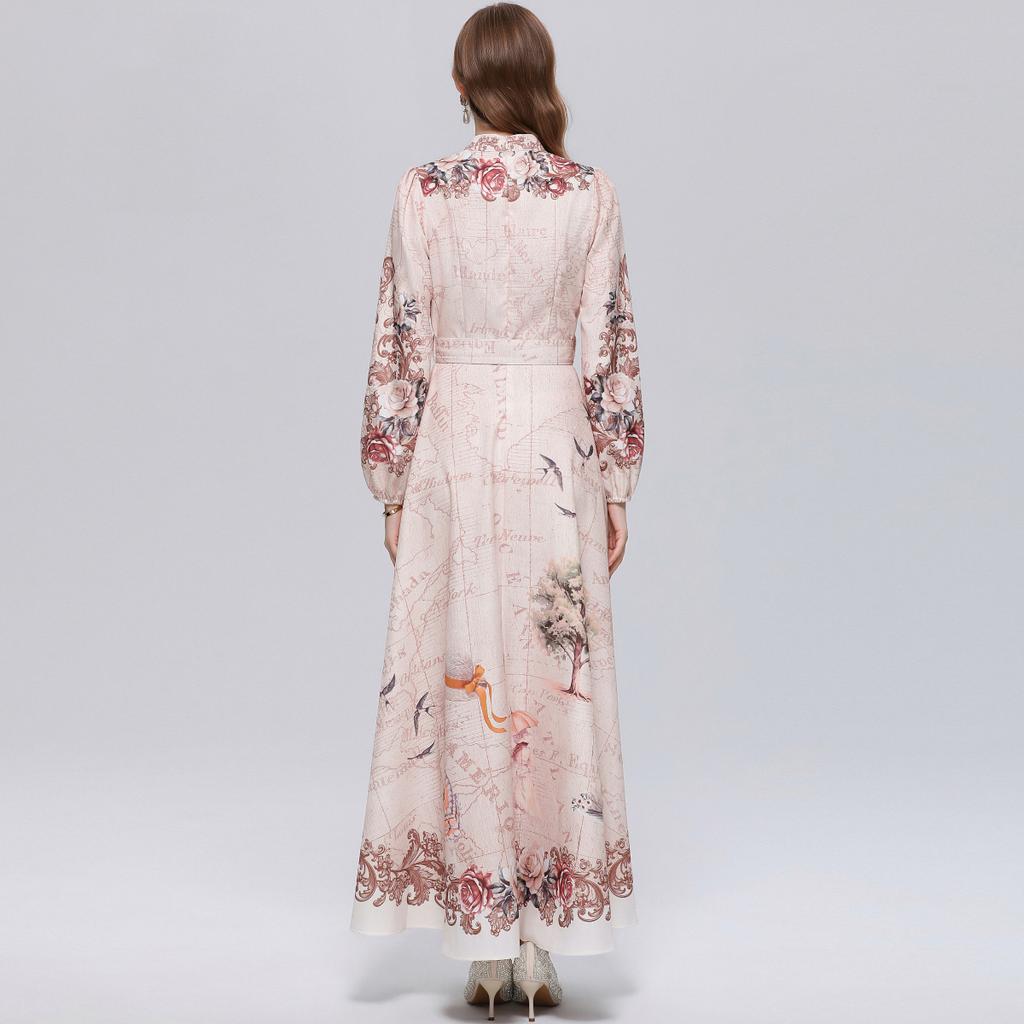Women's Vintage Floral Print Long Maxi Dress Spring Stand Collar Long-Sleeve Single-breasted Fitted A-Line Dress