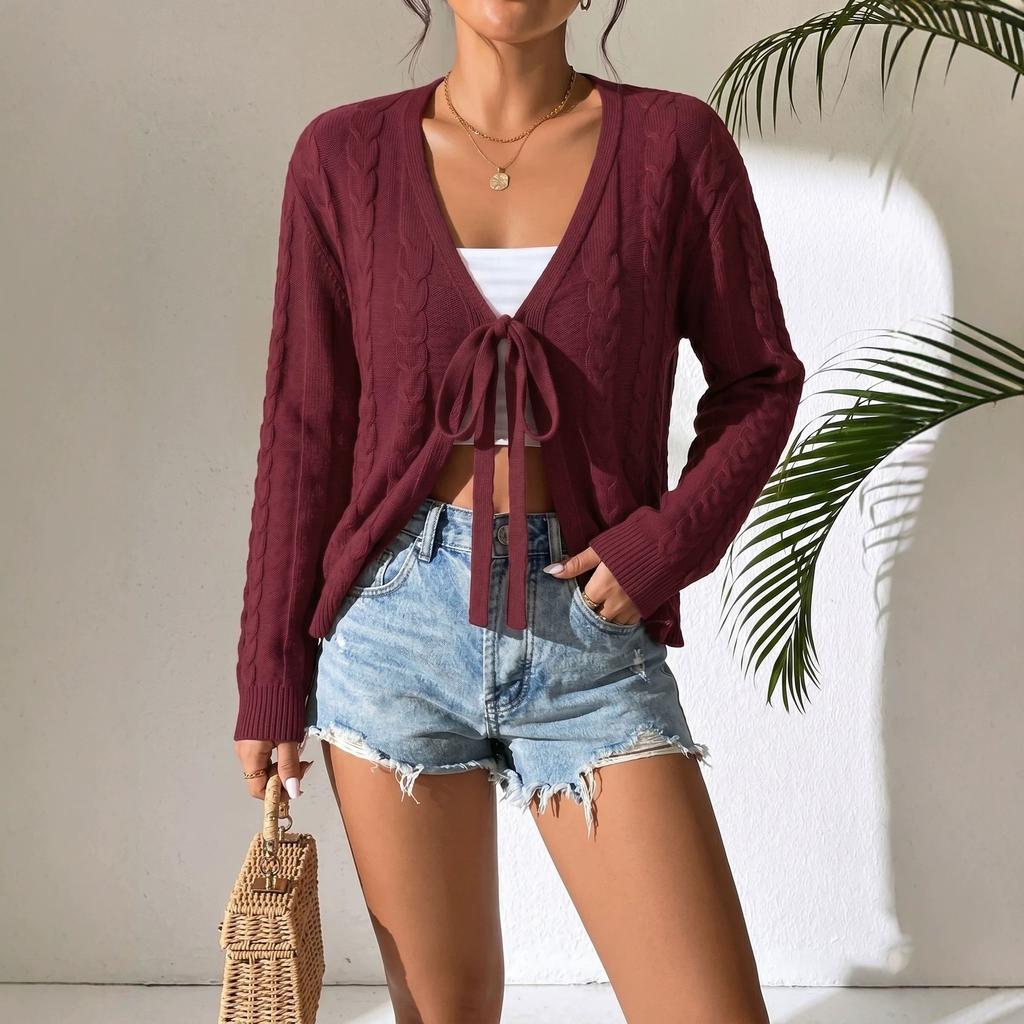 European and American Cable Knit Cardigan for Women, Early Autumn Thin V-Neck Tied Bow Long Sleeve Short Sweater Jacket