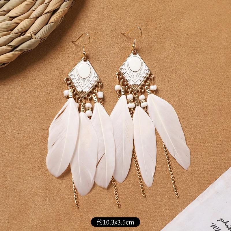 Bohemian Feather Earrings White Long Vintage Personality Tassel Women's Holiday Earrings