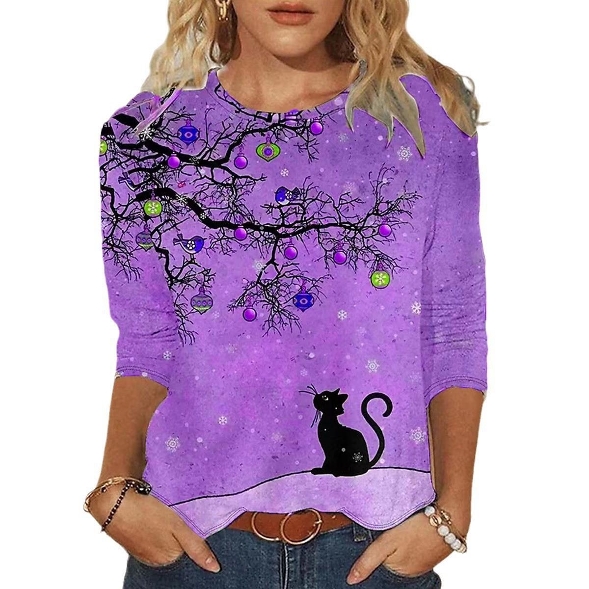 

Круглый вырез с принтом 3D Cat Top Модные повседневные длинные рукава женские футболки 5XL