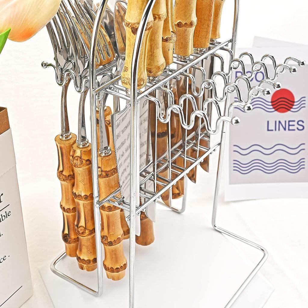 24-teiliges Luxuriöses Bambus-Besteckset - Langlebiges Silbernes Edelstahl-Tafelbesteck mit Besteckhalter, Spiegelpoliert