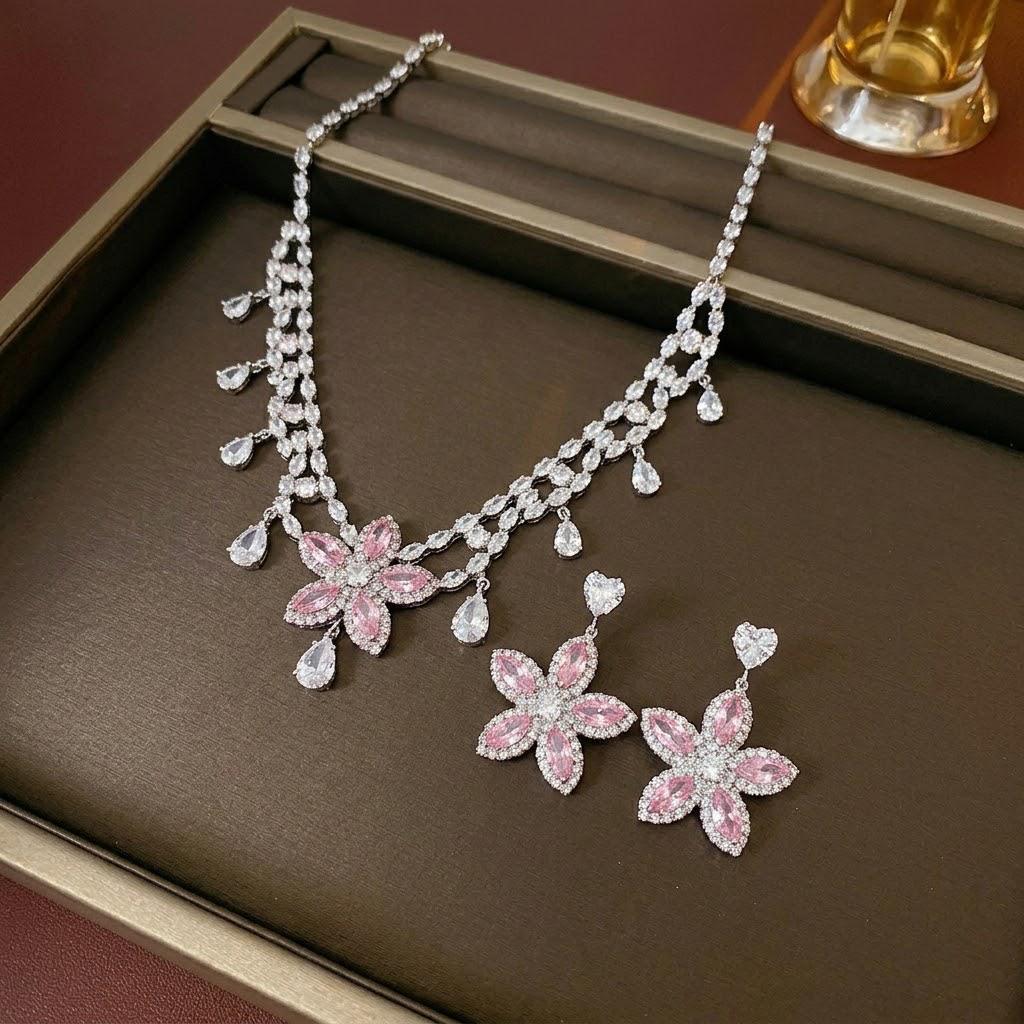 European & American Style Zircon Plum Blossom Pink Necklace & Earrings Set
