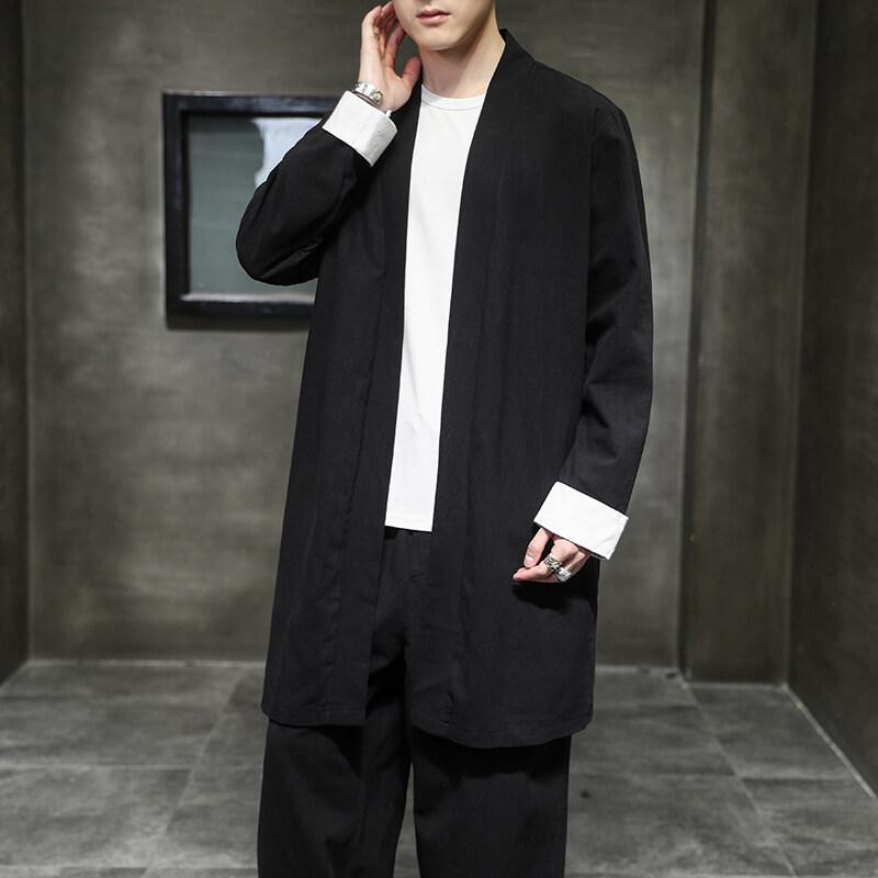 

2025 Кимоно Кардиган Мужской Льняной Тренч Пальто Верхняя Одежда Свободное Длинное Пальто В Китайском Стиле Мужская Винтажная Ветровка Повседневная Куртка 2XL чёрный