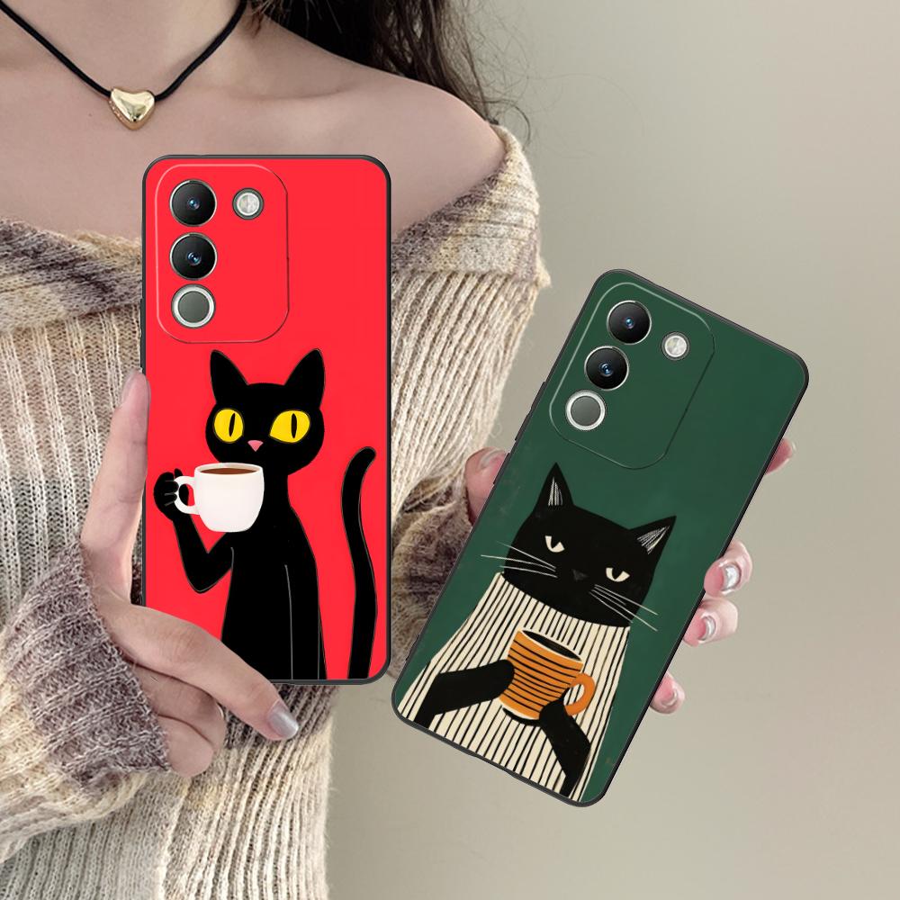 Cute Coffee Cat Matte TPU Mobile Phone Case for VIVO V60 V50 V40 V30 V29 V27 V25 V23 Pro Lite 5G Colorful Printing Cover