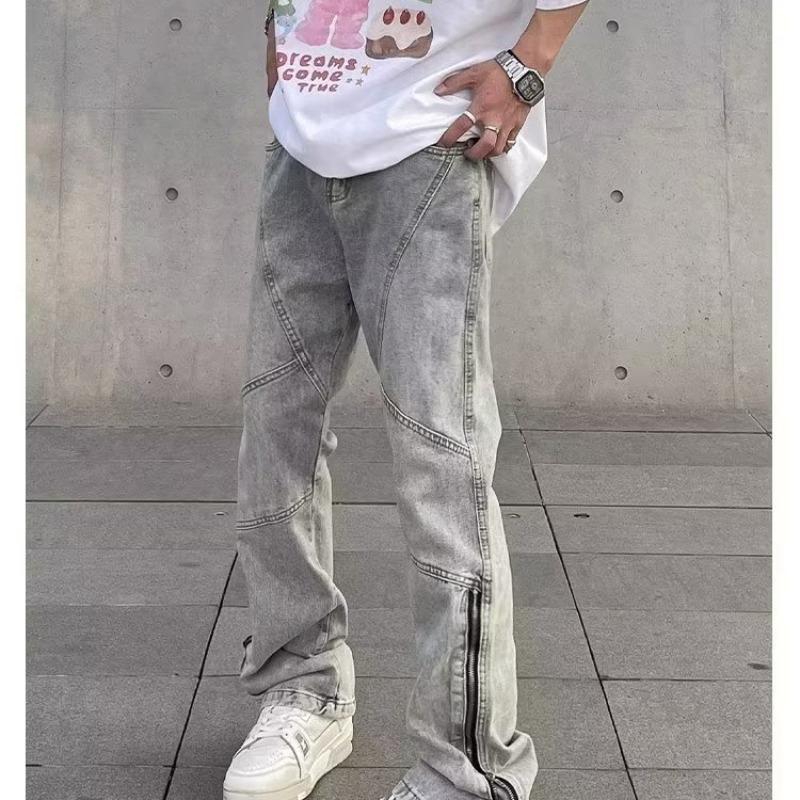 2023 Men's Flared Washed Jeans with Zipper: American High Street Style