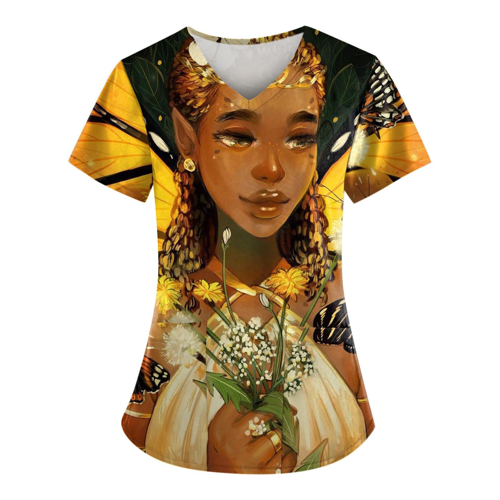 

Женские футболки с персонализированным милым принтом, топ с v-образным вырезом и короткими рукавами, рабочая форма, топы с карманами S жёлтый