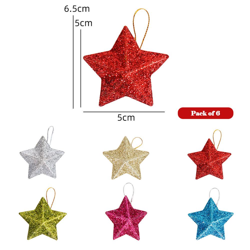 6pcs Glitter Pendant Star Christmas Tree Hanging Decorations Xmas Ornament Plastic Wedding Birthday Festive Party Ceiling