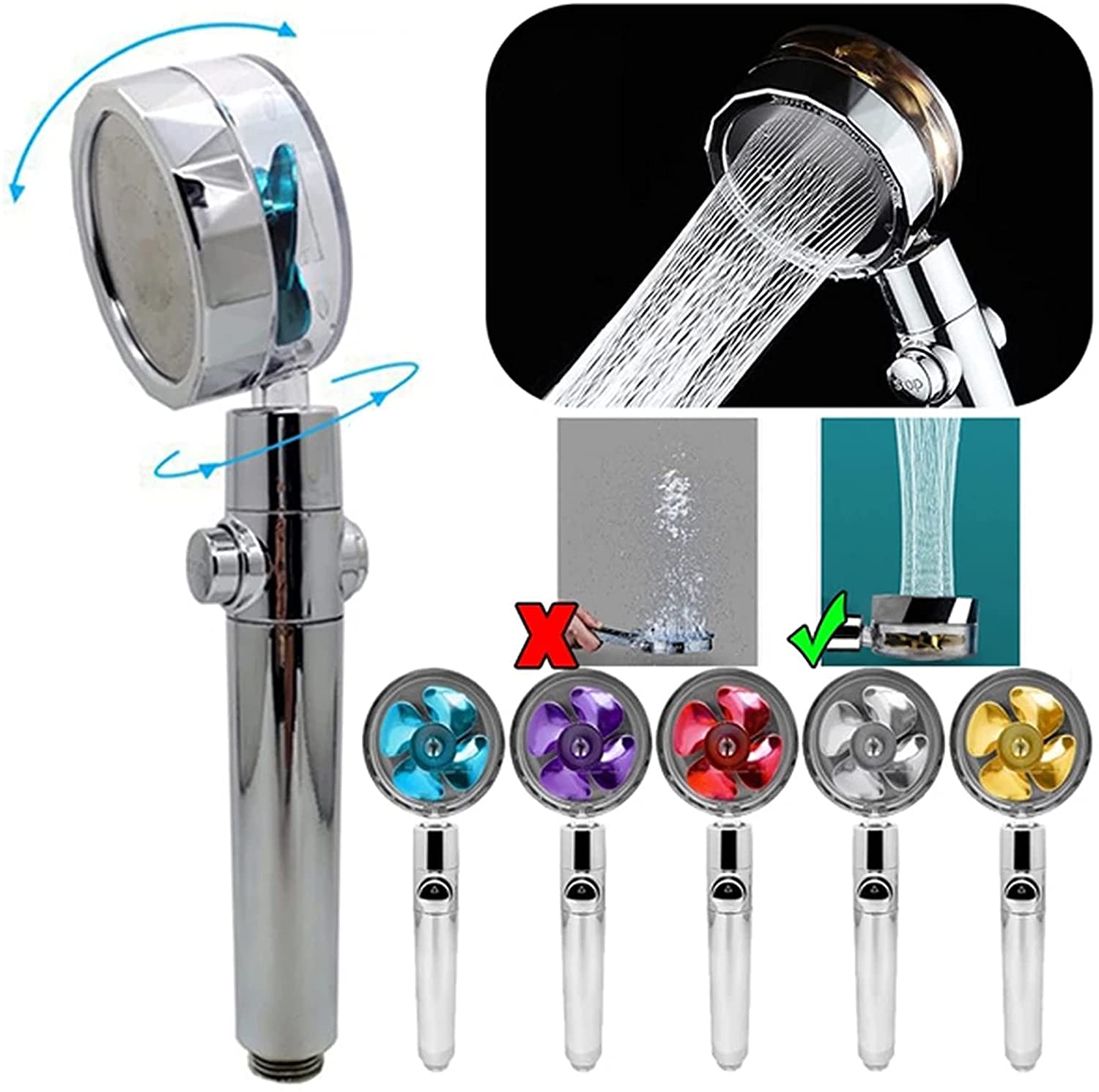 360 Degrees Propeller Water Saving ABS Plastic Handheld Turbocharged Shower Head with 3-Year Warranty (transparent,ABS Plastic) прозрачный