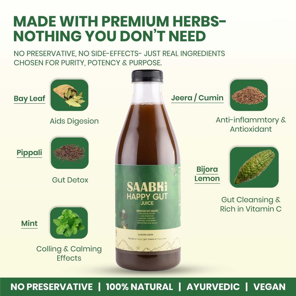 SAABHI Happy Gut Juice 1 Liter | Ayurvedic Digestive Health Juice | With Bijora, Mint, Jeera & Pippali | Supports Gut Balance, Digestion & Nausea