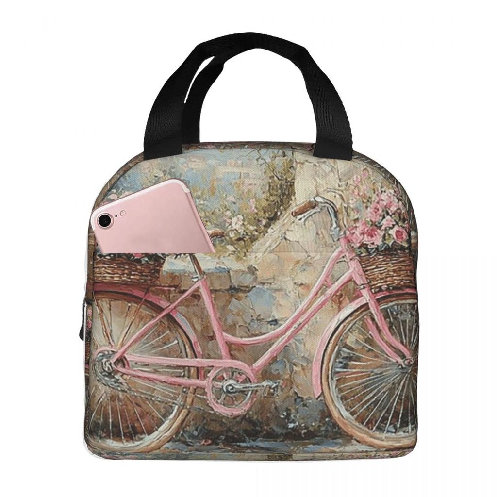 A Vintage Bicycle And Flower Insulated Lunch Bag for Women Kids Portable Food Boxes Thermal Lunch Box Tote