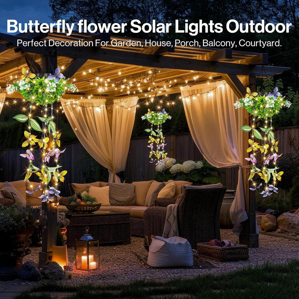 Solar-Powered Waterproof Butterfly Vine Lights: Decorative Artificial Hanging Plants for Outdoor Garden & Balcony.