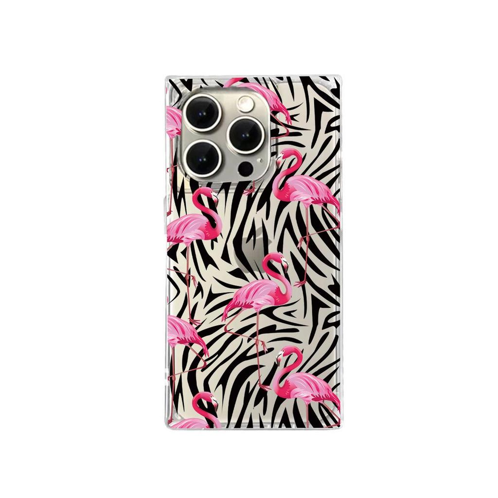 Clear Square Back Tube Case Protection For iPhone 13 11 12 15 Plus 16 ProMax 14 Pro Max Anti-Oxygen,Flamingos All Over Pattern Casing