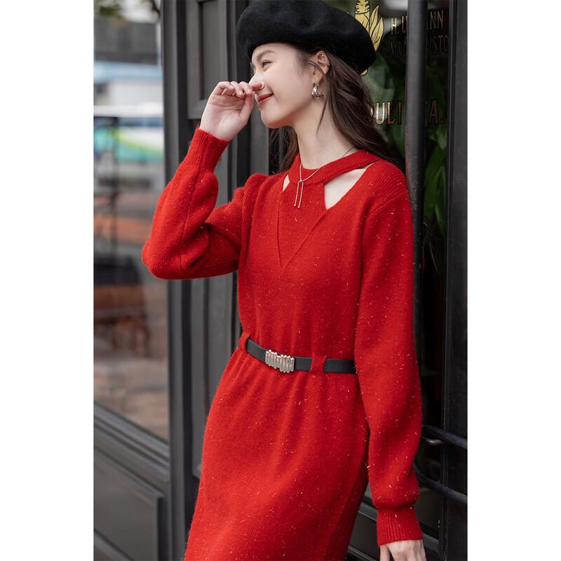 Women's Winter Waist-Cinching Knitted Sweater Dress with Belt
