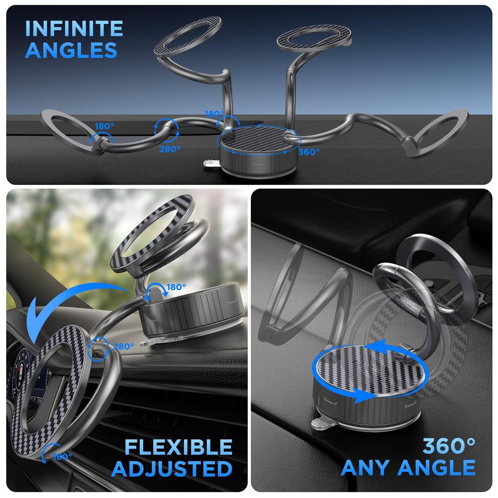 Vacuum Magnetic Phone Holder Stand With Suction Cup - Ultra Long Metal Arm & 360° Adjustable Car Phone Mount For All Smartphones, All Car Models