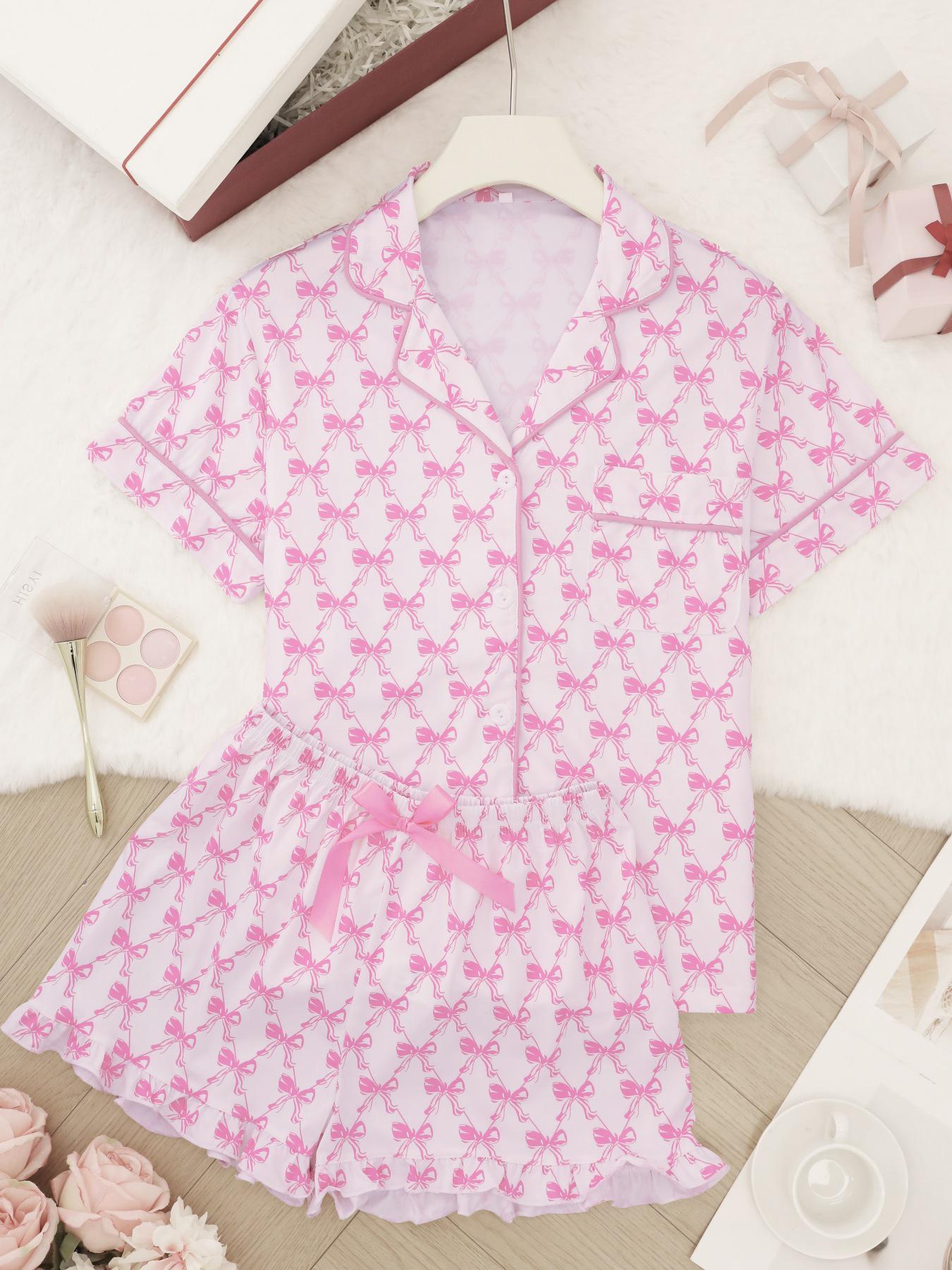 

Elegant Summer Women s White Lapel Loose Cardigan & Bow Pajama Set M