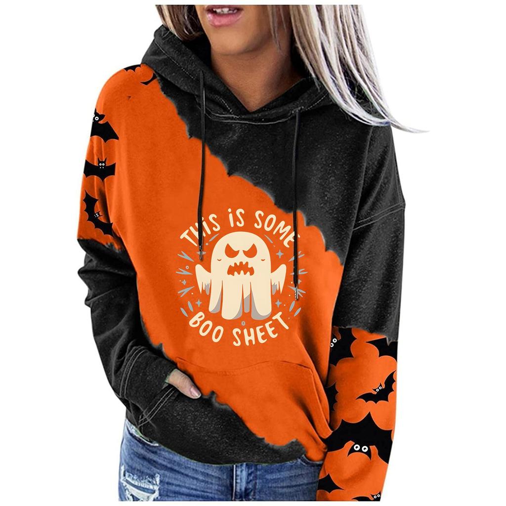 Dámská móda ležérní halloweenská potištěná mikina kulatý výstřih spuštěná ramena dlouhý rukáv