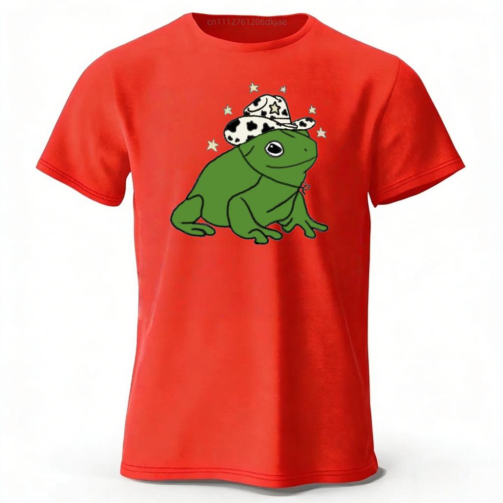 Western Cowboy Frog Fun Mens Cotton Short Sleeved Summer Womens Comfortable Soft Top Loose Fashion Casual Sports Tshirt