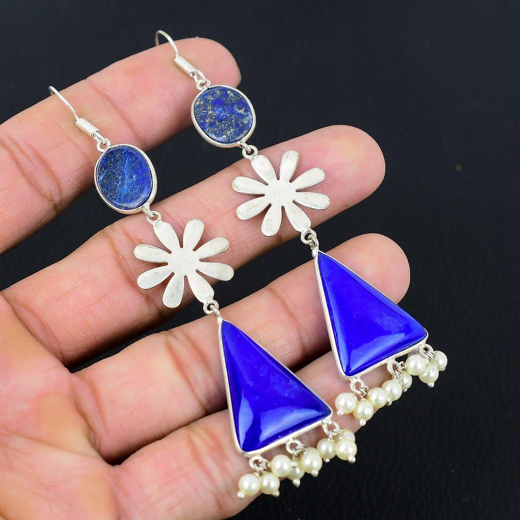 Daughters Day Sale Sterling Silver Lapis Lazuli Gemstone Dangle Earrings Jewelry