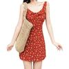 Women's French Retro Red Floral Spaghetti Strap Dress - Early Spring 2025 Edition, Petite Waist-Slimming Design.