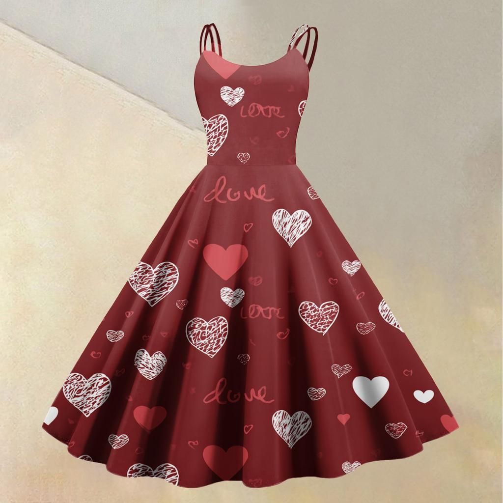 Women's Valentine's Day Love Heart Print Sexy Off Shoulder Vintage Dress