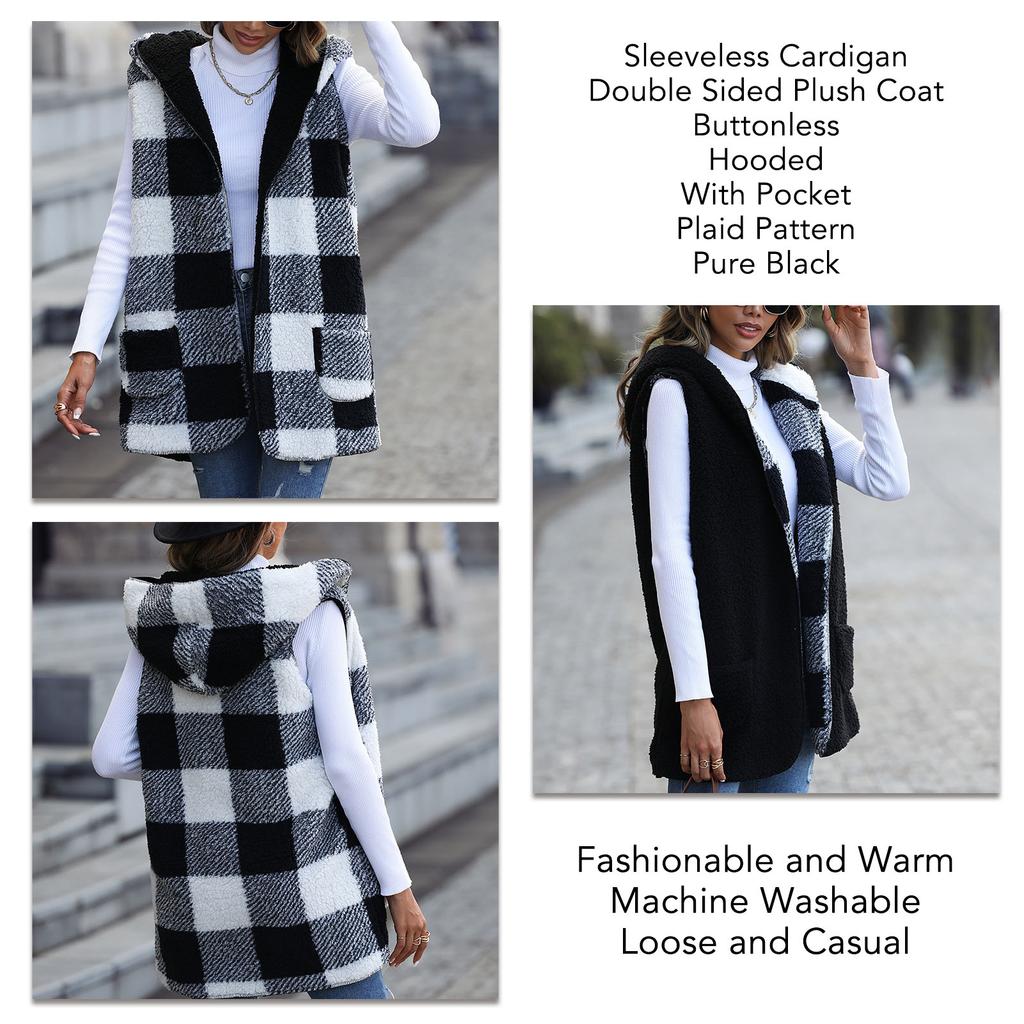 Sleeveless Cardigan Open Front Hooded Plaid Pattern Plain Black Double Sided Plush Loose Long