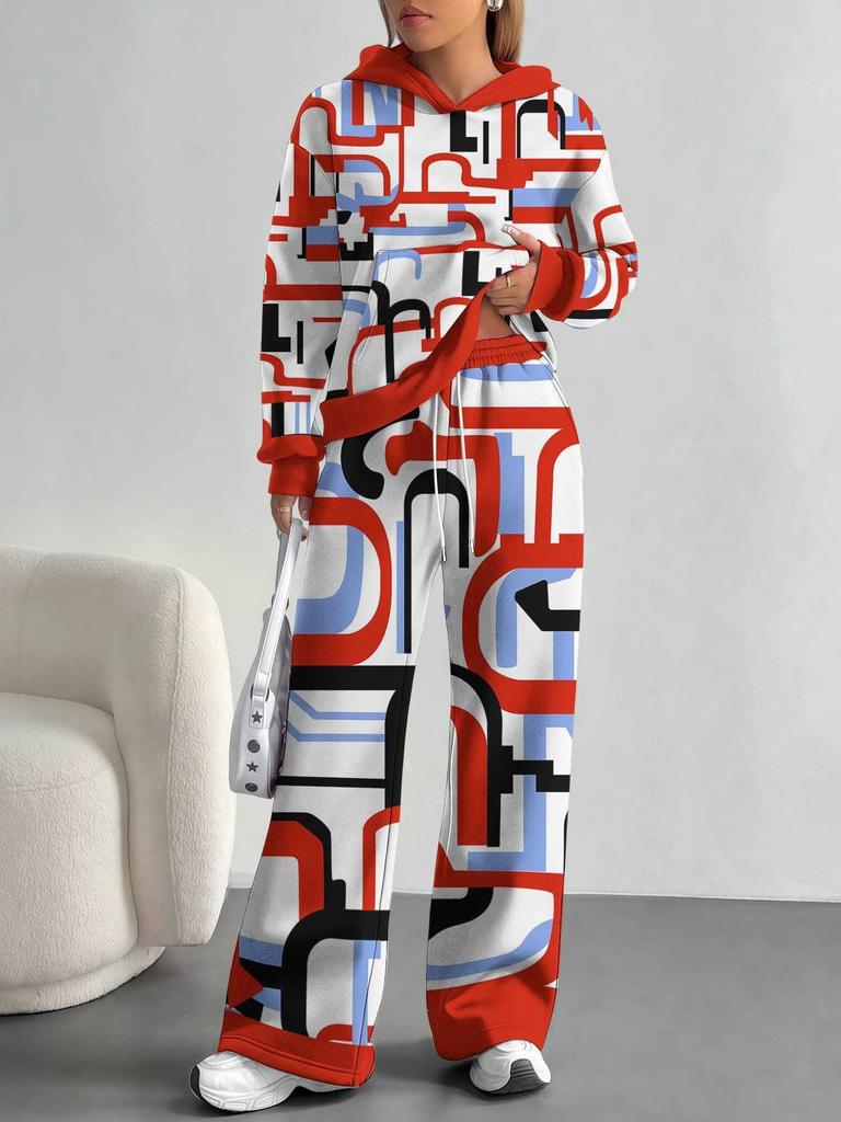 Striped European and American Autumn Casual Geometric Figure Long-sleeved Suit Women's Hooded Sweater Trousers Two-piece Set