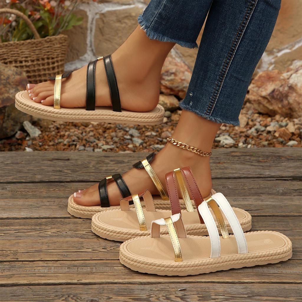Summer women's flat bottomed casual one line color blocked fashionable beach slippers