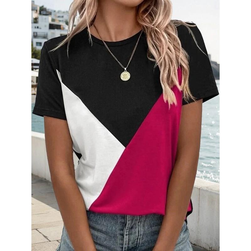Womens Loose Fit Short Sleeve T-Shirt With 3D Digital Color Block Print Round Neck Casual Top