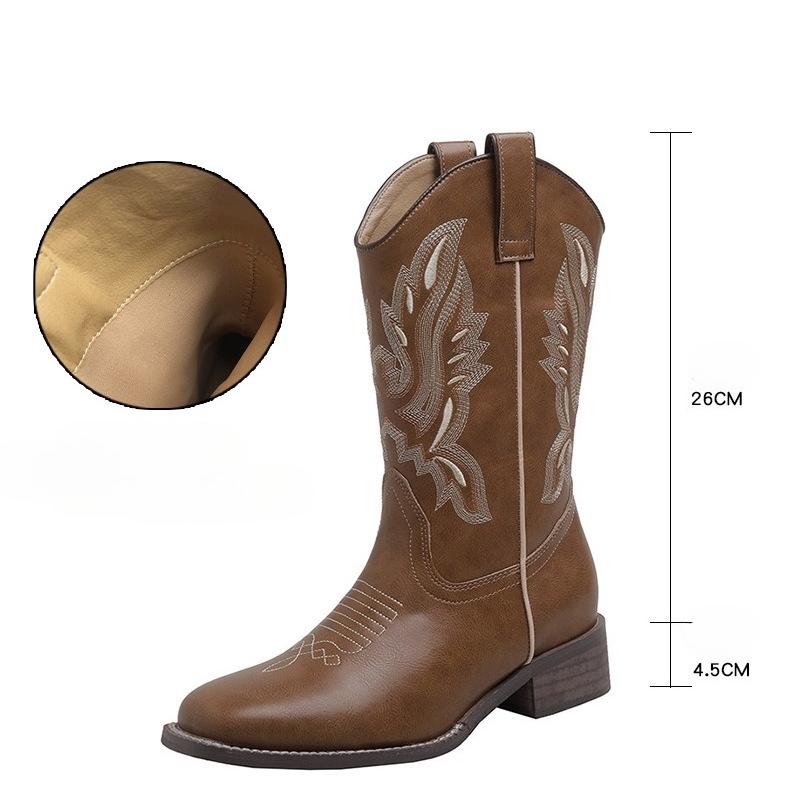 

Модные женские ботинки из натуральной кожи, осенние вышитые ковбойские сапоги в западном стиле, с квадратным носком, на толстом каблуке, ботфорты до колена, женские длинные боты 35 коричневый