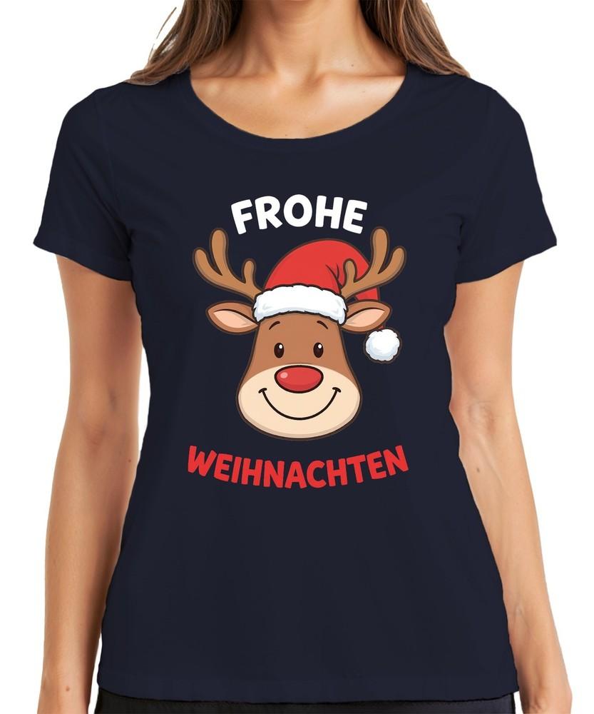 Merry Christmas Reindeer Santa Hat Cartoon Funny Kids Ladies Tshirt S