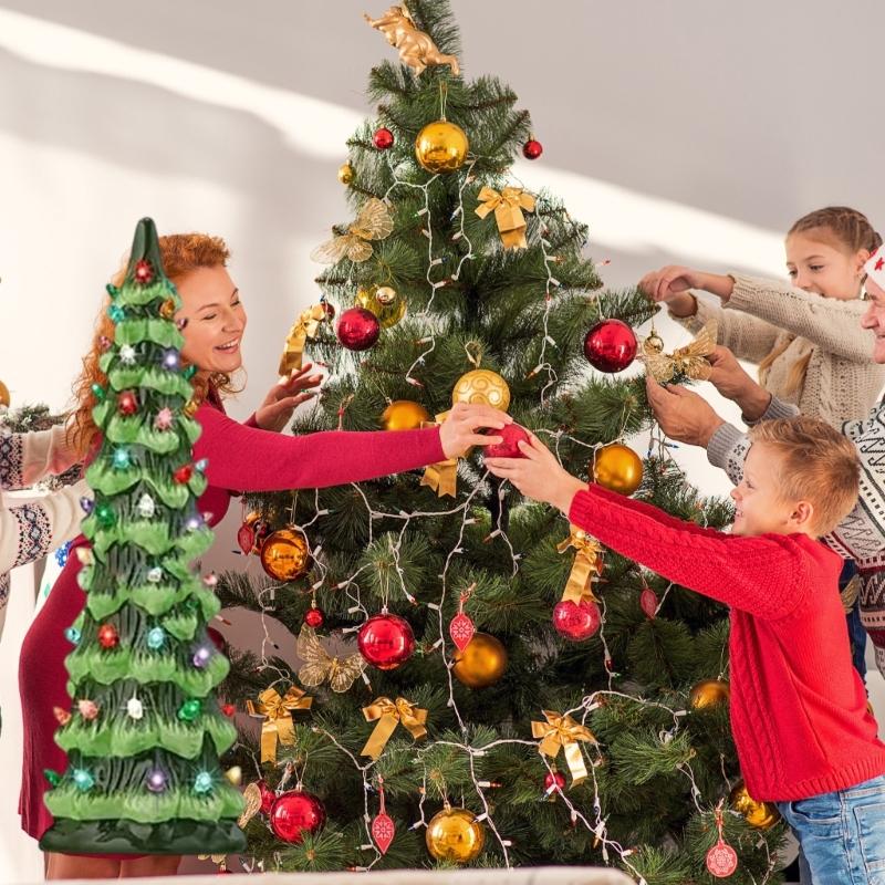 Ceramic Christmas Trees, Pre-Lit Hand-Painted Tabletop Holiday Decoration w/Multicolor Bulbs, LED Lights – Green