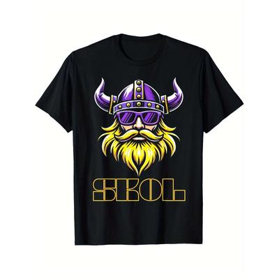 Taglie Europee Maglietta Pesante da Uomo - T-Shirt Grafica Vichinga con Design Vichingo Viola e Dorato, Maglietta Nera Girocollo per Tifosi Sportivi del Minnesota