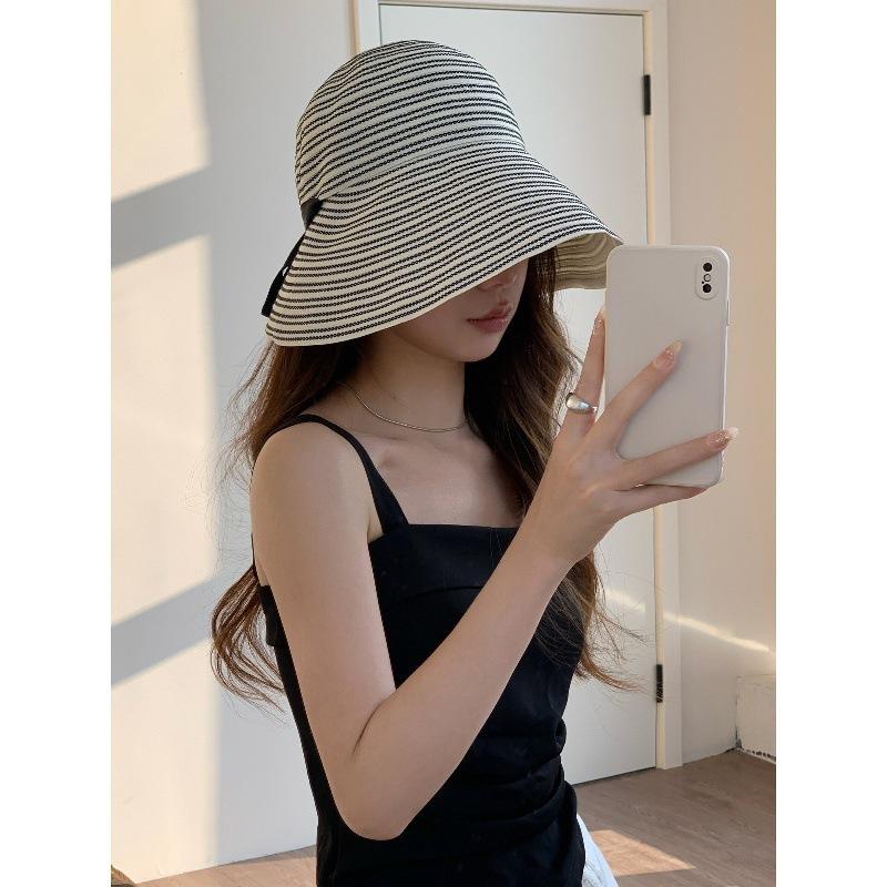 New Striped Strap Large Brim Bucket Hat Women's Summer Foldable Sun Protection UV Protection Outdoor Sun Hat