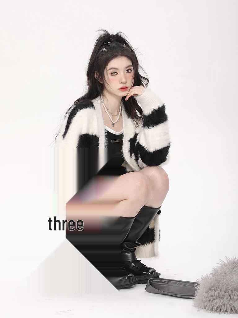 Women's Korean-Style Mink Fur Cardigan Sweater – Loose Fit, Casual Versatile Striped Knit for Autumn/Winter