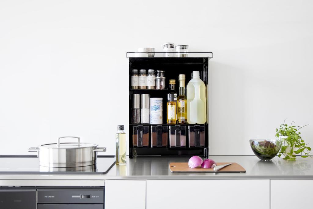 Yamazaki Jitsugyo Gewürzregal mit offener Vorderseite, verdeckbar, Schwarz, W38 xx, Turm, große Kapazität, neben dem Herd, Küchenregal, schützt vor Schmutz, 2010