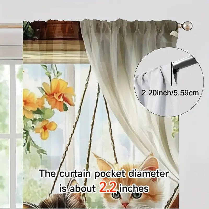2PCS- Charming Cat and Flower Print Curtains, Pole Bag Curtains, Bedroom and Living Room, Home Decoration, Room Decoration