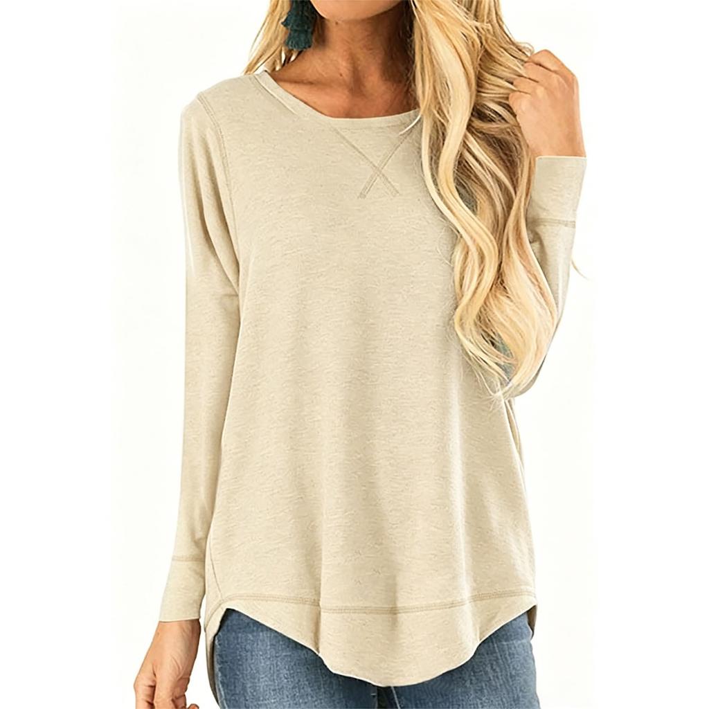 Women's Casual Long Sleeve T Shirt Loose Fit Crew Neck Irregular Hem Front Short Back Long Lightweight Pullover Top