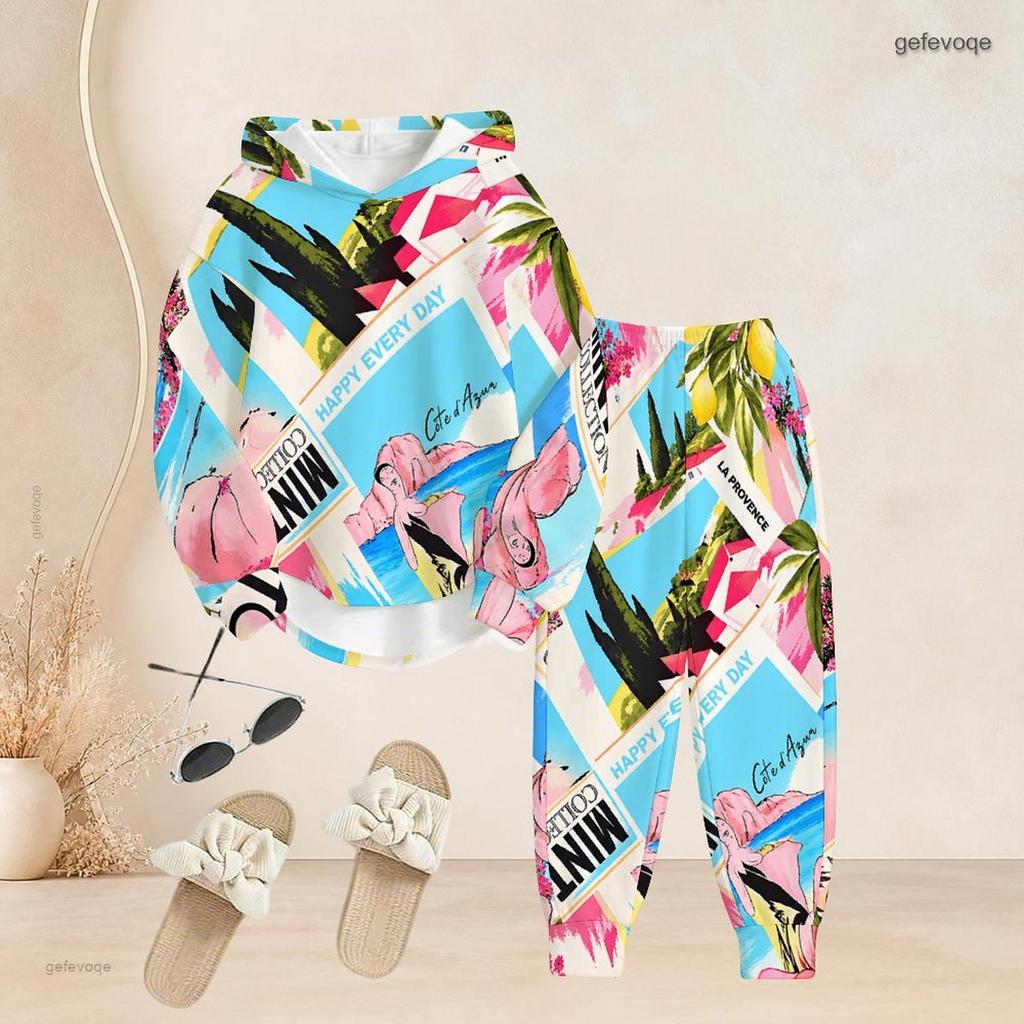 Women Plus Size Blue Pink White Printed Two Piece Set Long Sleeve Hooded Top Cuffed Pants