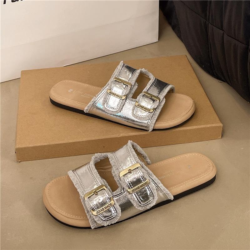 

Open-toed thick-soled one-word drag women s summer outer wear 2025 new non-slip heightening cool slippers 40 срібний