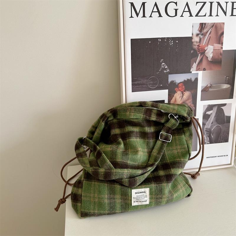 11 College woolen plaid drawstring backpack messenger bag large capacity shopping shoulder bag women
