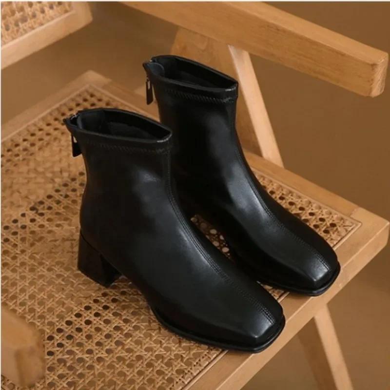 2024 Winter New British Style Back Zipper Fashion Boots Women's Rough Heel Leather Suede Versatile Short Boots Women 35-40