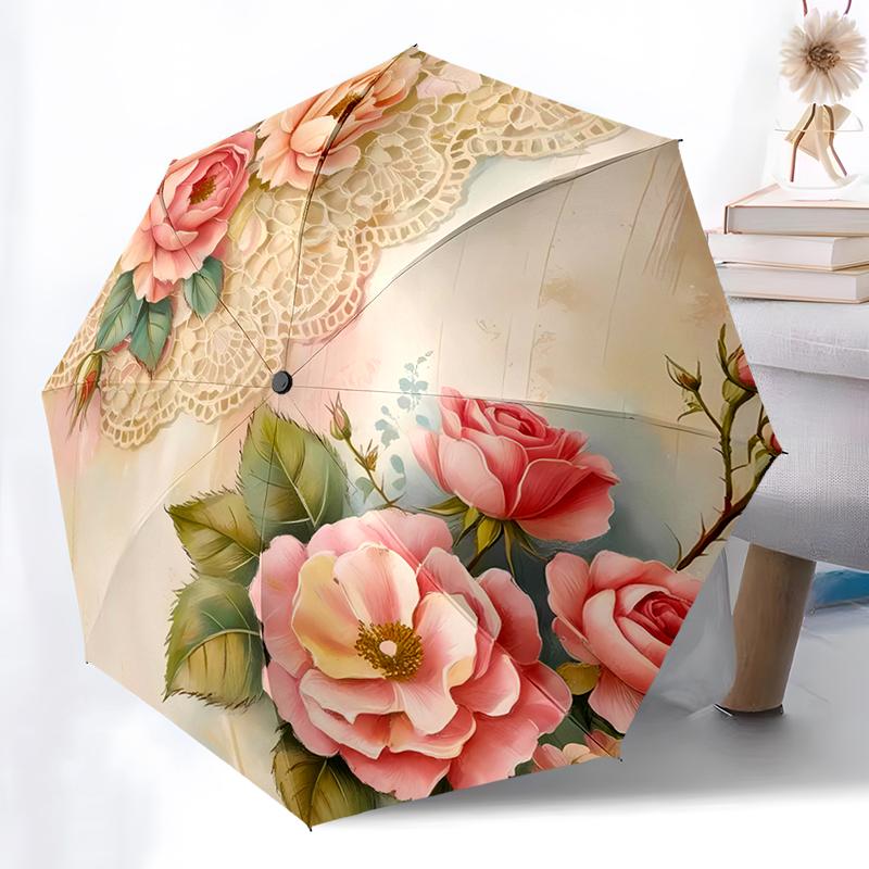 Flower Theme Folding Umbrella - Fashionable Auto-Open Design 8 Iron Ribs Plastic Handle Foldable Sunshade Perfect Christmas Gift