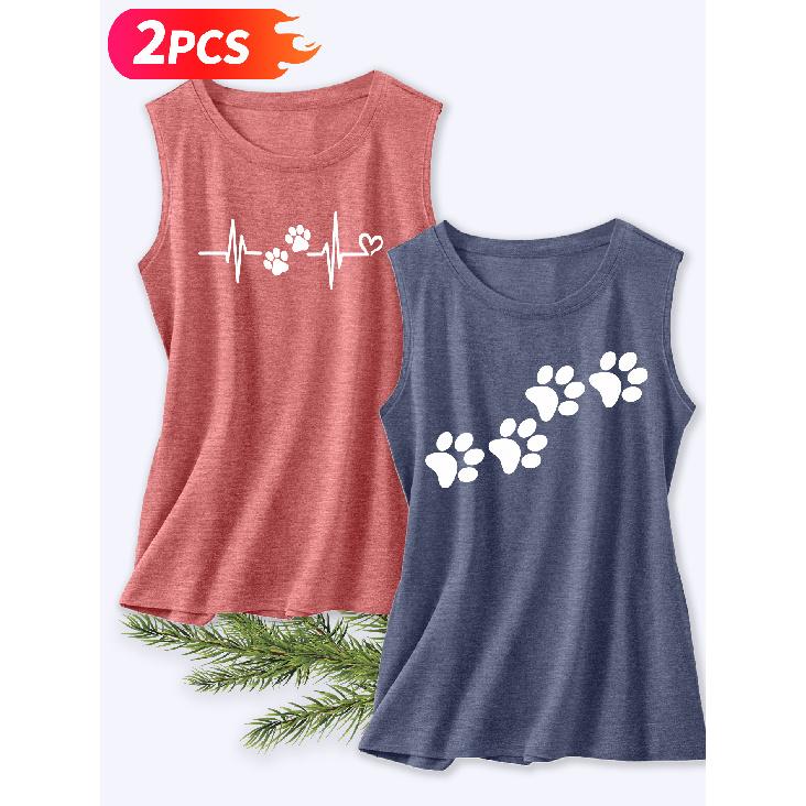 Follow a Specific Direction Two-piece Women's Vest Set Pet Paw Print ECG Print Elegant Summer Party Outfits Sleeveless Vest Essential Fashion Items