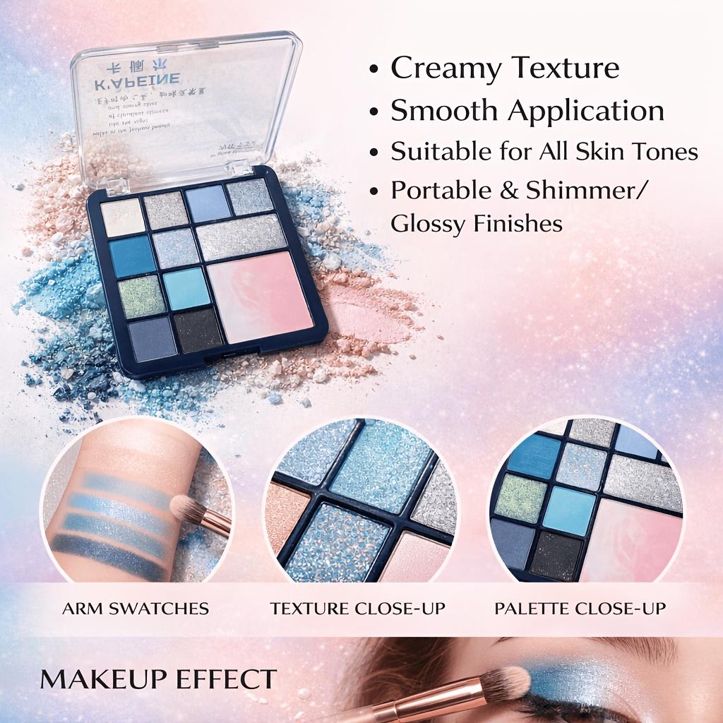 Dromerige Koele Toon Palet Blauwe en Zilvergrijze Shimmer Oogschaduw en Blush Highlighter Transparante Verpakking, Perfect voor Frisse Lente en Edgy Festival Looks