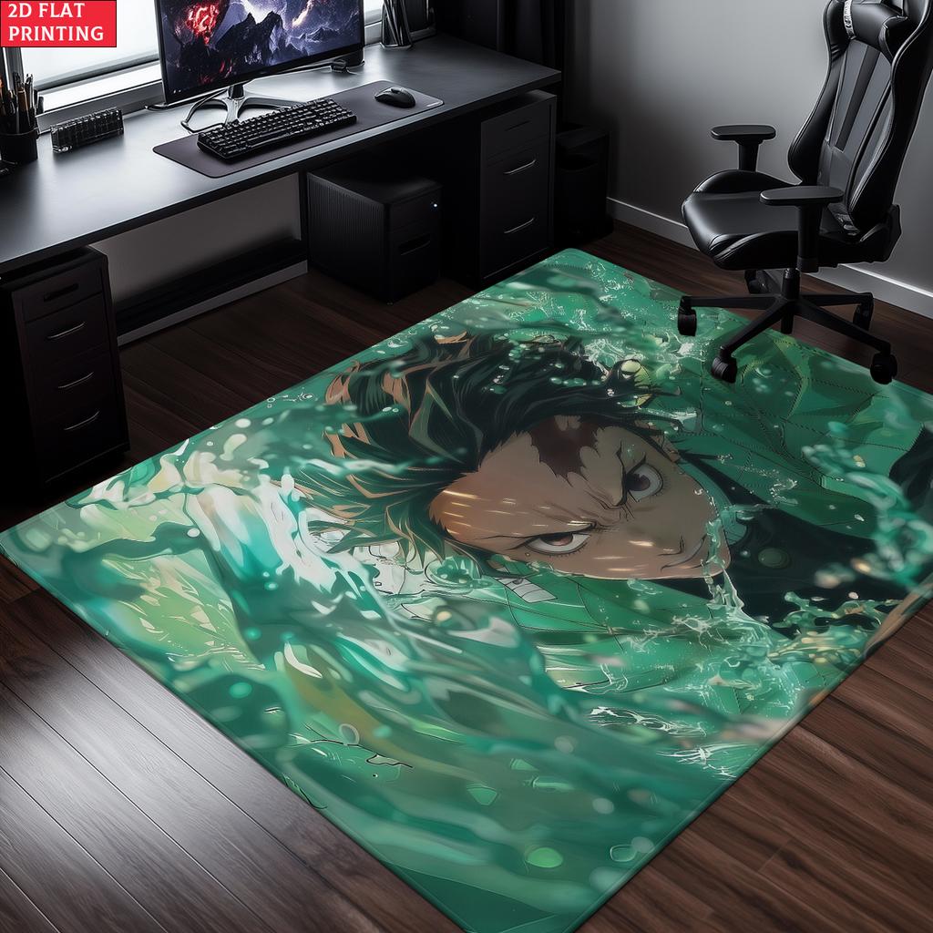 Anime Swordsman Area Rug, Green Water Wave Theme  Floor Mat, Decorative Carpet for Gaming Room Bedroom, Washable Home Decor Gift