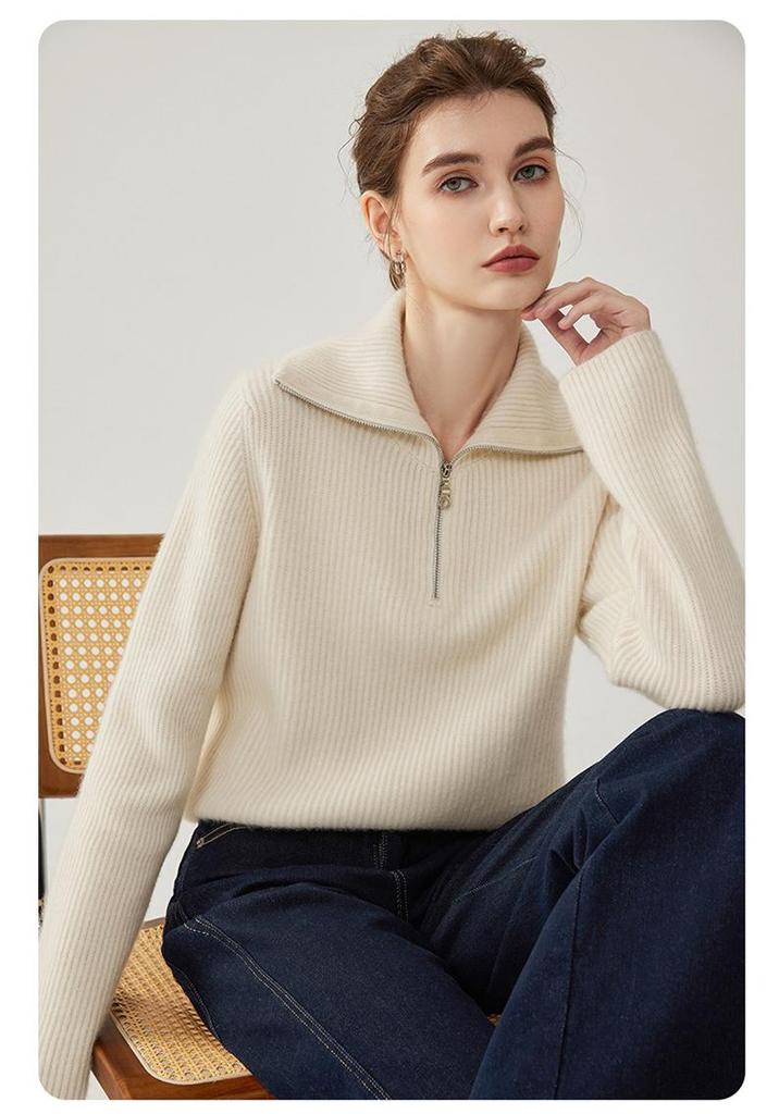 Women's 2026 Autumn/Winter Cashmere Lapel Half-Zip Knit Sweater: Elegant, Thick, Warm Base Layer