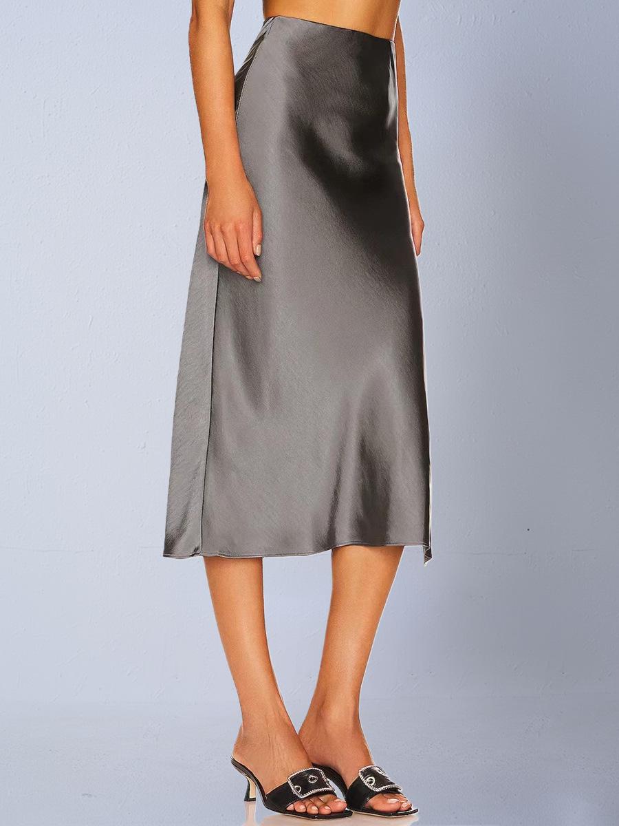 

European & American Women s Satin Silk High-Waisted Autumn Midi Skirt with Drape and Split Large серый