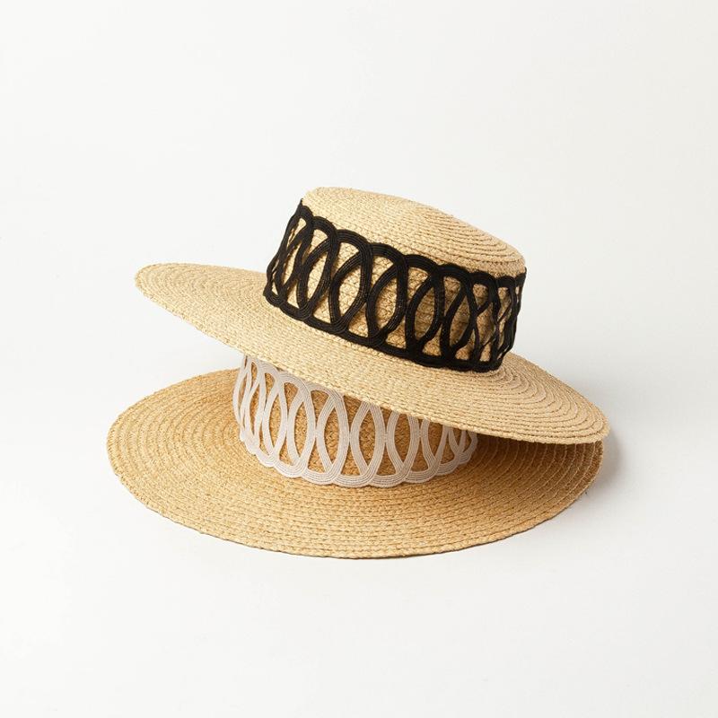 European and American spring and summer new grid decoration with flat top big eaves Lafite straw hat outdoor shading and sun protection Lafite straw